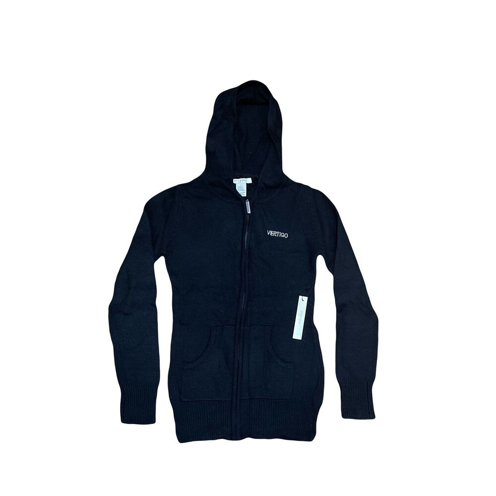 Vertigo SMALL Black Full Zip Long Cardigan Knit Hoodie Diamond Logo